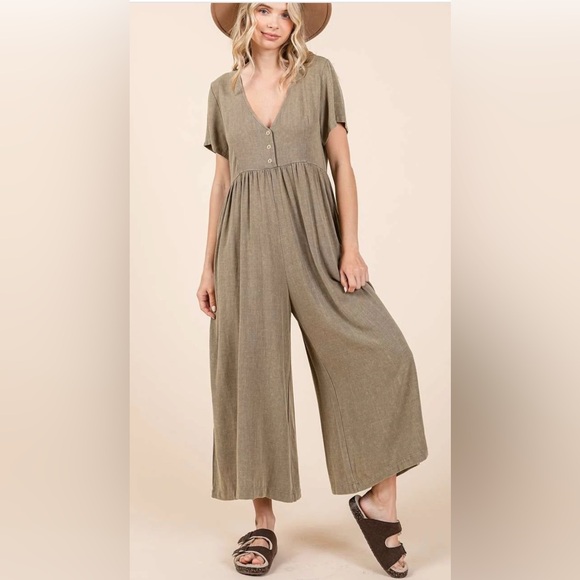 Stylish Adorable comfortable Olive Green linen Jumpsuit by Three Bird Nest L/XL - Picture 1 of 3